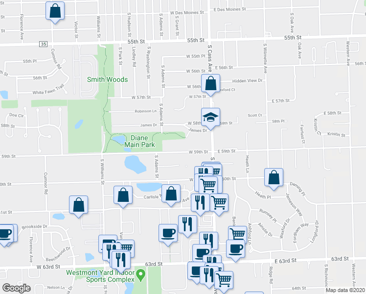 map of restaurants, bars, coffee shops, grocery stores, and more near 60 West 59th Street in Westmont