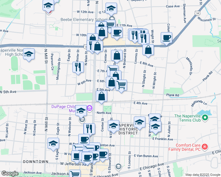 map of restaurants, bars, coffee shops, grocery stores, and more near in Naperville