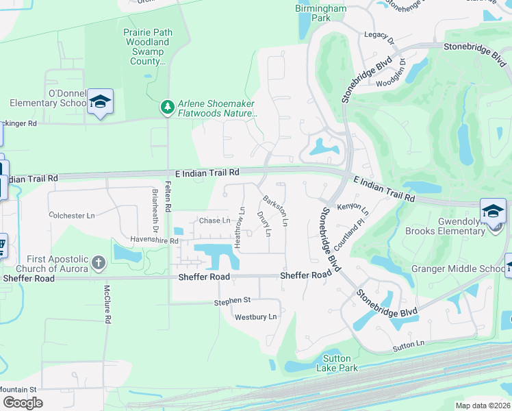 map of restaurants, bars, coffee shops, grocery stores, and more near 1181 Drury Lane in Aurora