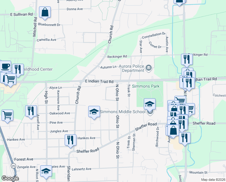 map of restaurants, bars, coffee shops, grocery stores, and more near 1133 North Ohio Street in Aurora