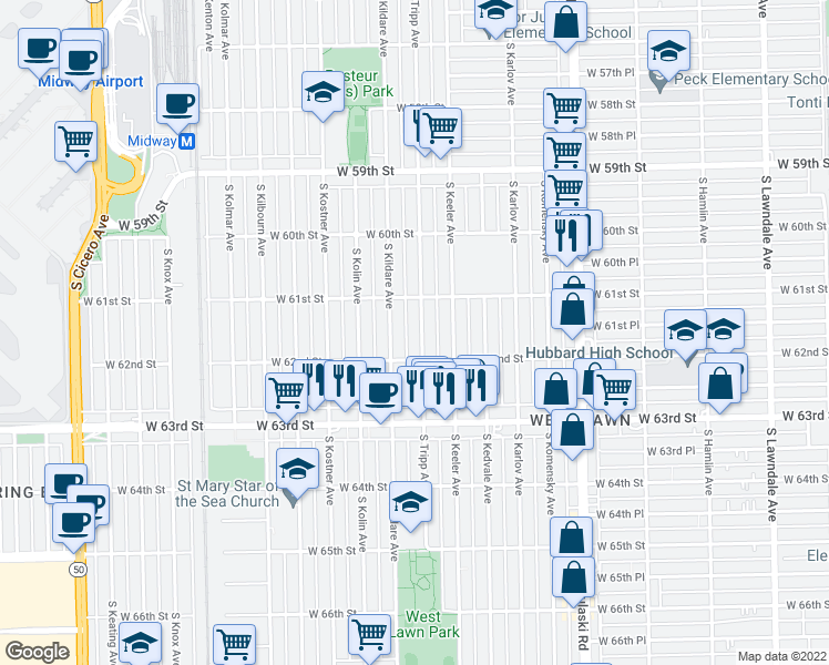 map of restaurants, bars, coffee shops, grocery stores, and more near 6134 South Tripp Avenue in Chicago