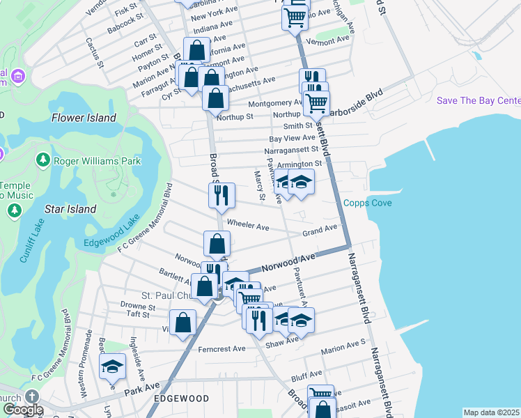 map of restaurants, bars, coffee shops, grocery stores, and more near 108 Wentworth Avenue in Cranston