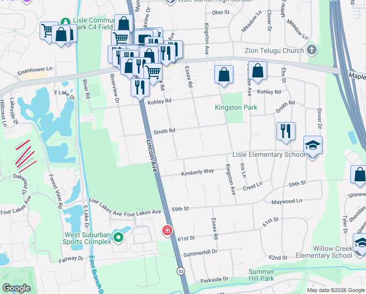 map of restaurants, bars, coffee shops, grocery stores, and more near 930 South Road in Lisle
