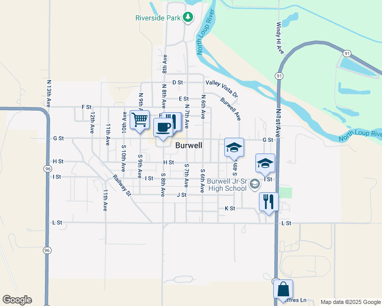 map of restaurants, bars, coffee shops, grocery stores, and more near in Burwell