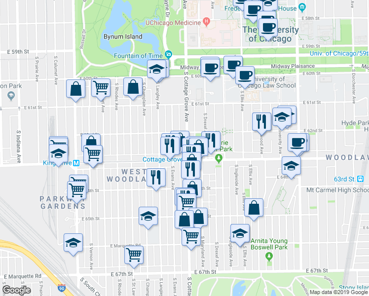 map of restaurants, bars, coffee shops, grocery stores, and more near 6234 South Cottage Grove Avenue in Chicago