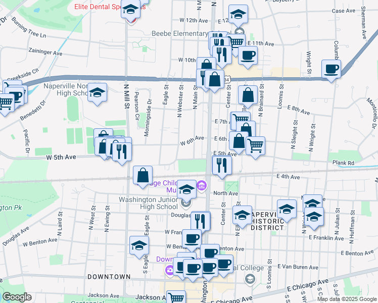 map of restaurants, bars, coffee shops, grocery stores, and more near 513 North Main Street in Naperville