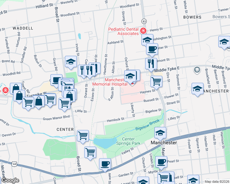 map of restaurants, bars, coffee shops, grocery stores, and more near 26 Alpine Street in Manchester