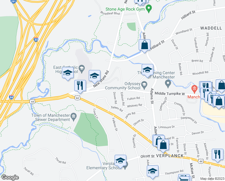 map of restaurants, bars, coffee shops, grocery stores, and more near 52 Dover Road in Manchester