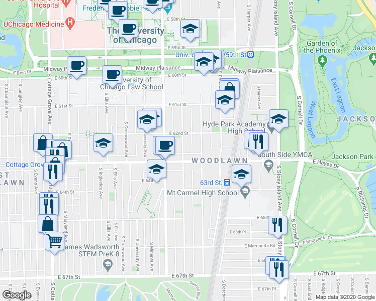 map of restaurants, bars, coffee shops, grocery stores, and more near 6245 South Kimbark Avenue in Chicago