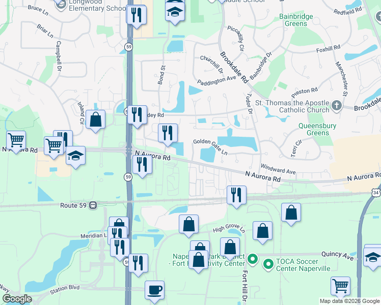 map of restaurants, bars, coffee shops, grocery stores, and more near 1989 Golden Gate Lane in Naperville