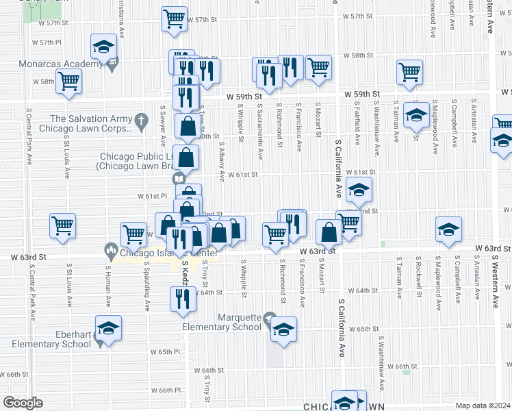 map of restaurants, bars, coffee shops, grocery stores, and more near 6148 South Sacramento Avenue in Chicago
