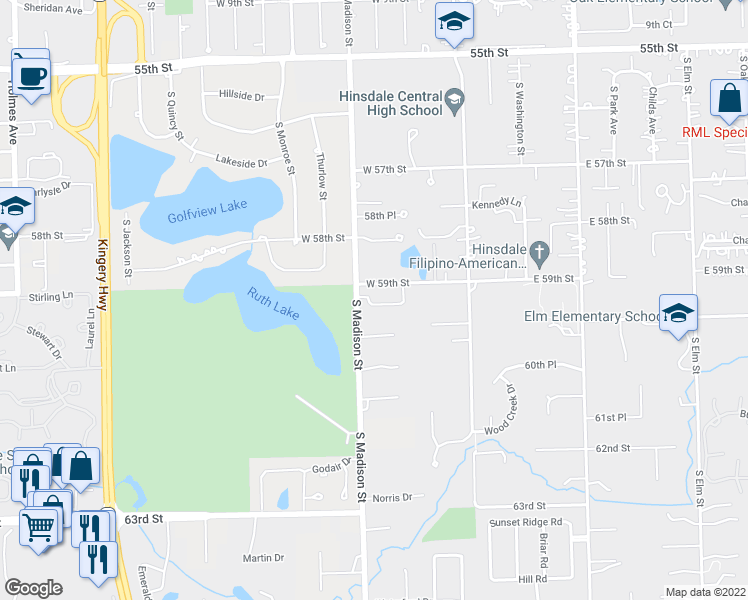 map of restaurants, bars, coffee shops, grocery stores, and more near 493 Old Surrey Road in Hinsdale