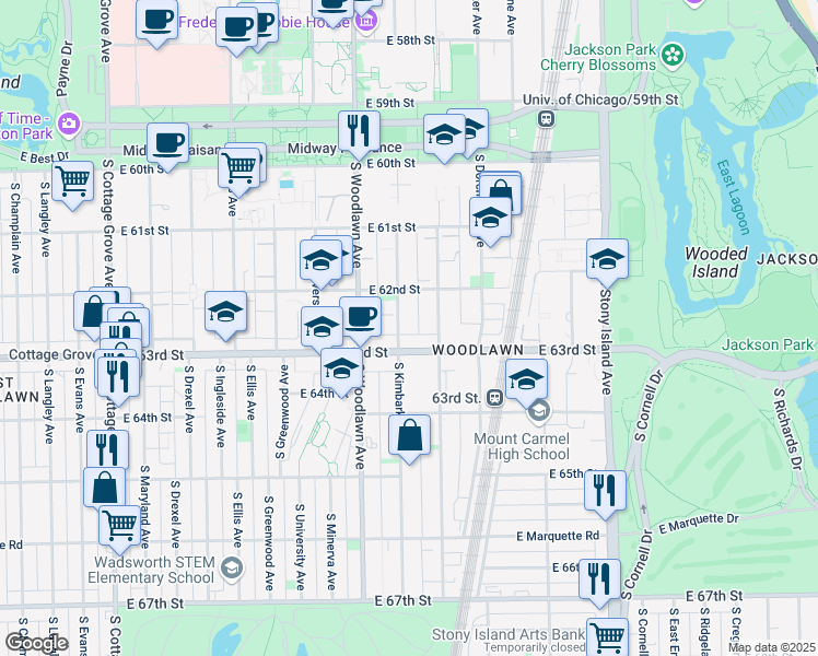 map of restaurants, bars, coffee shops, grocery stores, and more near 6239 South Kimbark Avenue in Chicago