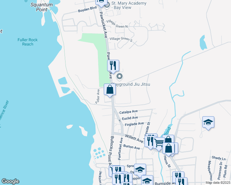 map of restaurants, bars, coffee shops, grocery stores, and more near 3400 Rhode Island 103 in Riverside