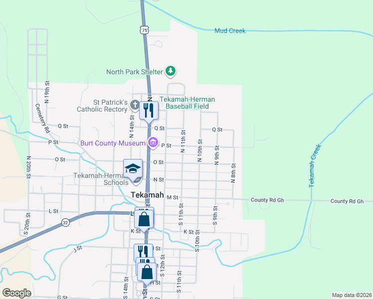 map of restaurants, bars, coffee shops, grocery stores, and more near 317 North 11th Street in Tekamah