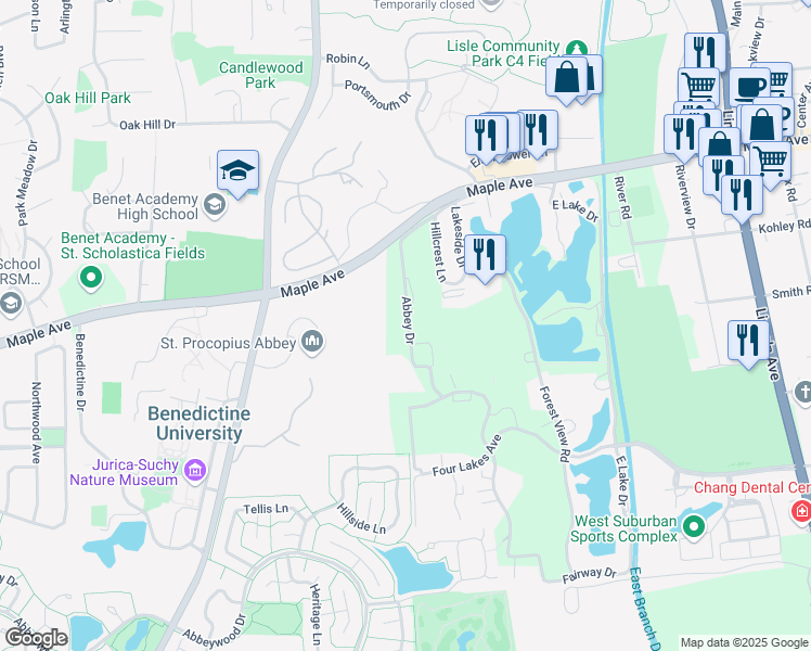 map of restaurants, bars, coffee shops, grocery stores, and more near 5639 Abbey Drive in Lisle
