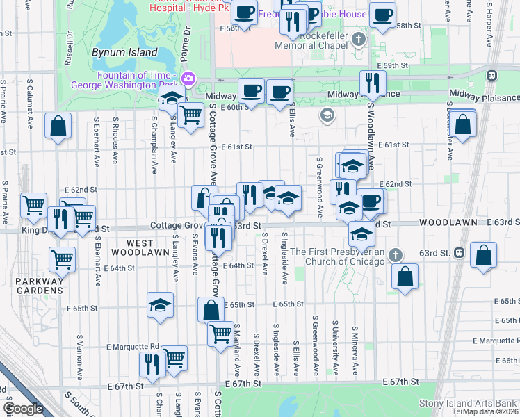 map of restaurants, bars, coffee shops, grocery stores, and more near 6232 South Ingleside Avenue in Chicago