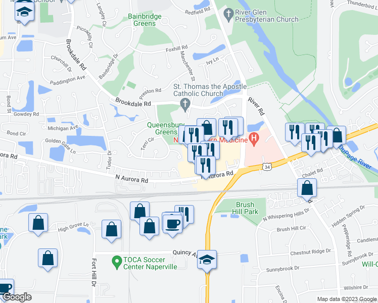 map of restaurants, bars, coffee shops, grocery stores, and more near 1567 North Aurora Road in Naperville