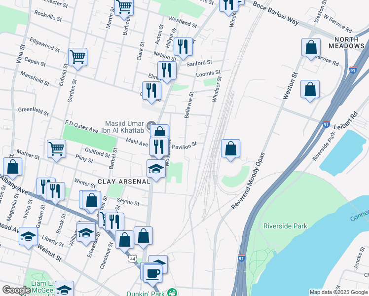 map of restaurants, bars, coffee shops, grocery stores, and more near 5 Mary Shepard Place in Hartford