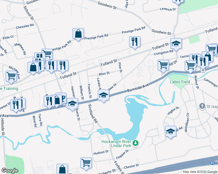 map of restaurants, bars, coffee shops, grocery stores, and more near 50 Larrabee Street in East Hartford