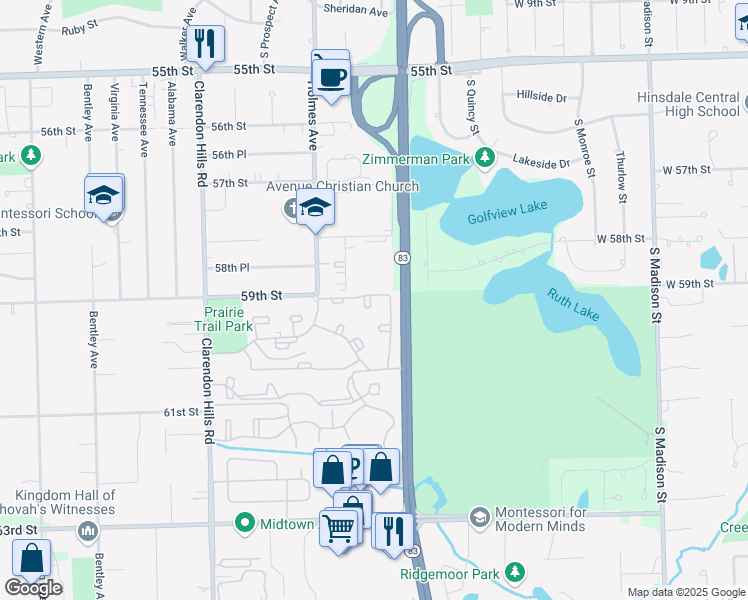 map of restaurants, bars, coffee shops, grocery stores, and more near 23 Stirling Lane in Willowbrook