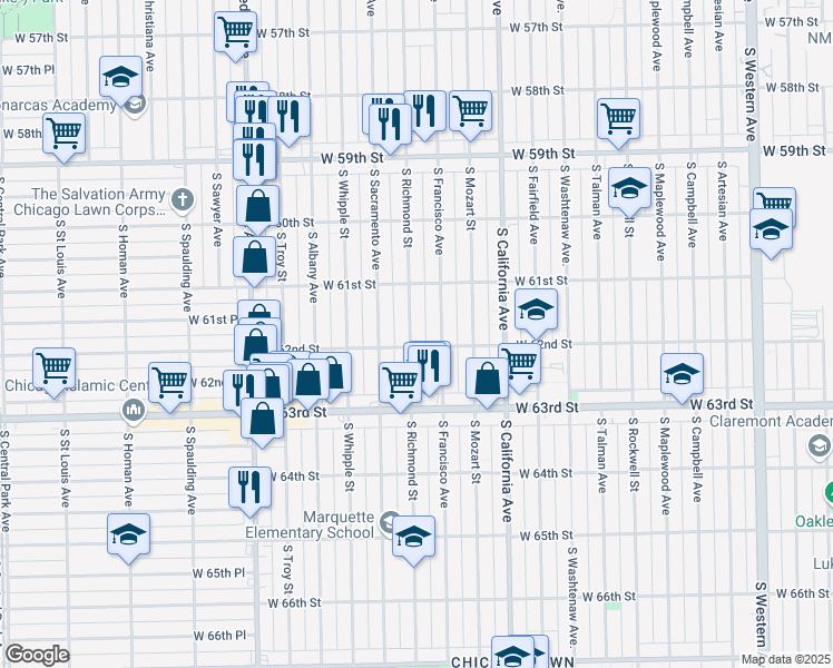 map of restaurants, bars, coffee shops, grocery stores, and more near 6149 South Richmond Street in Chicago