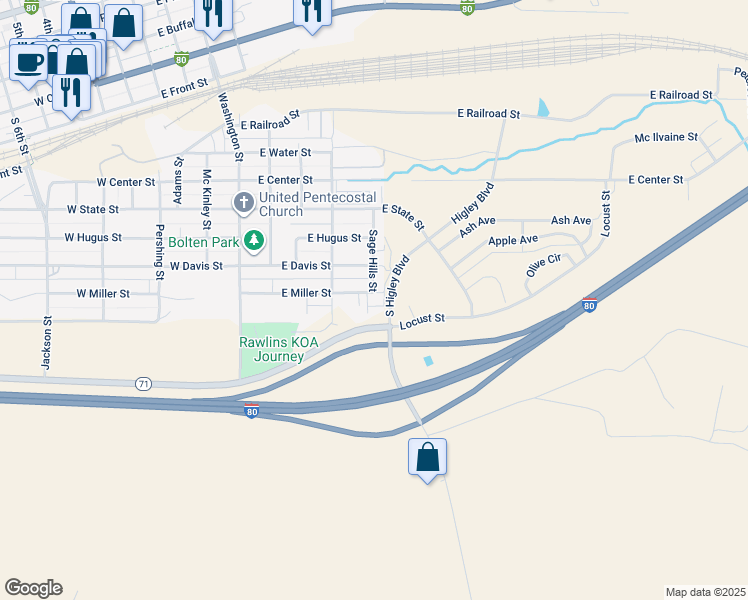 map of restaurants, bars, coffee shops, grocery stores, and more near 708 Ferris Court in Rawlins