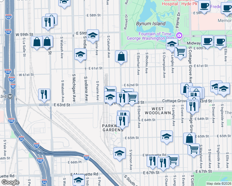 map of restaurants, bars, coffee shops, grocery stores, and more near 6224 South Doctor Martin Luther King Junior Drive in Chicago