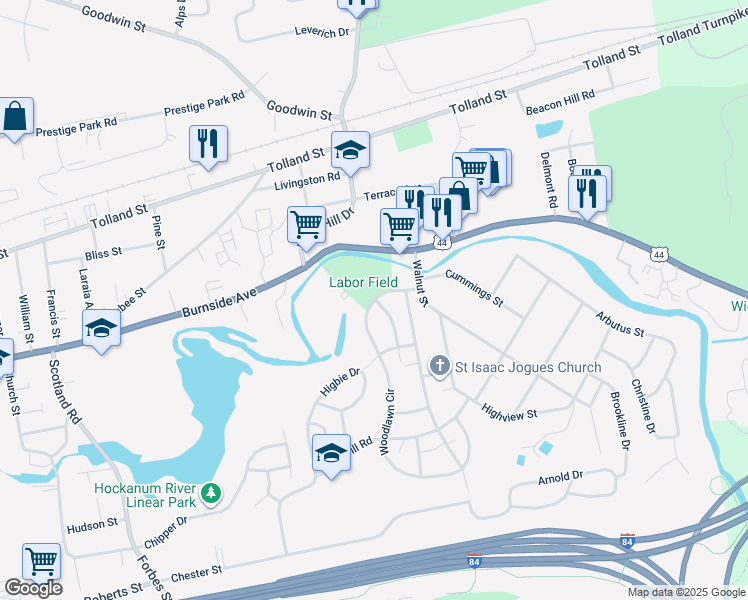 map of restaurants, bars, coffee shops, grocery stores, and more near 26 Woodlawn Circle in East Hartford