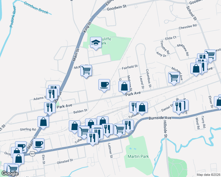 map of restaurants, bars, coffee shops, grocery stores, and more near 19 Franklin Street in East Hartford