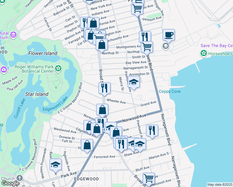 map of restaurants, bars, coffee shops, grocery stores, and more near 122 Wentworth Avenue in Cranston