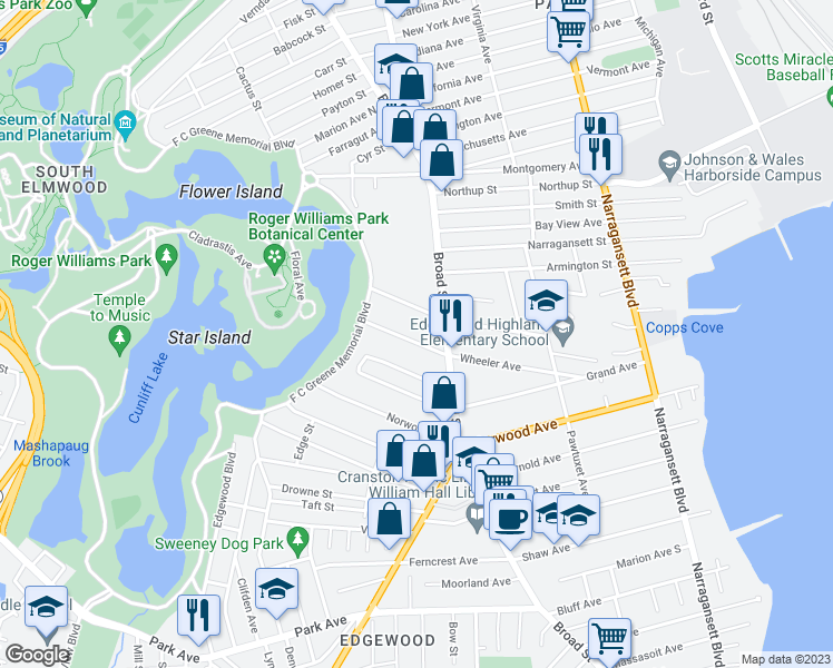 map of restaurants, bars, coffee shops, grocery stores, and more near 147 Wheeler Avenue in Cranston