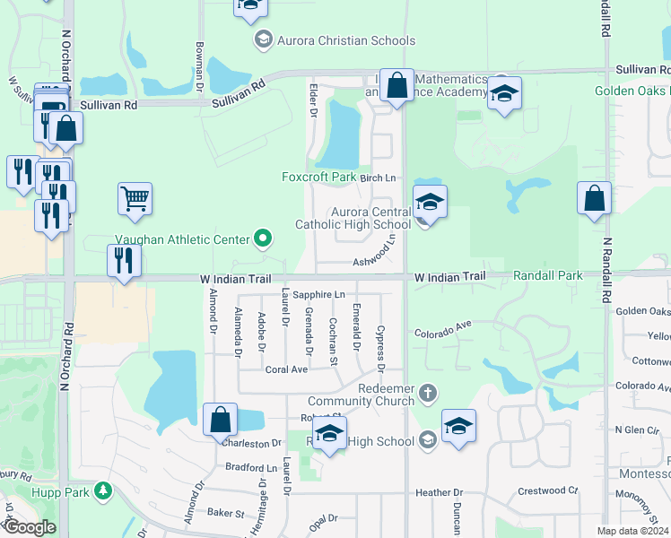 map of restaurants, bars, coffee shops, grocery stores, and more near 1958 Ashwood Lane in Aurora