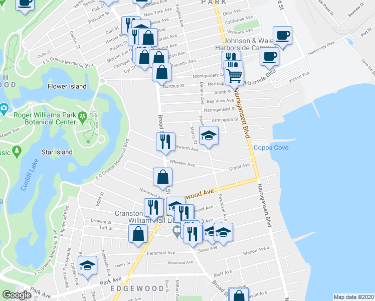 map of restaurants, bars, coffee shops, grocery stores, and more near 108 Wentworth Avenue in Cranston