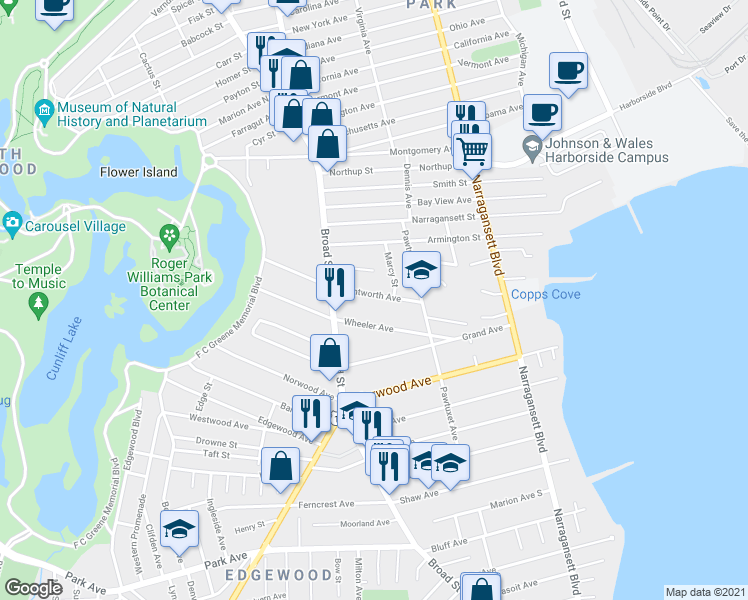 map of restaurants, bars, coffee shops, grocery stores, and more near 108 Wentworth Avenue in Cranston