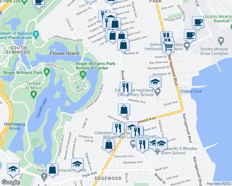 map of restaurants, bars, coffee shops, grocery stores, and more near in Cranston