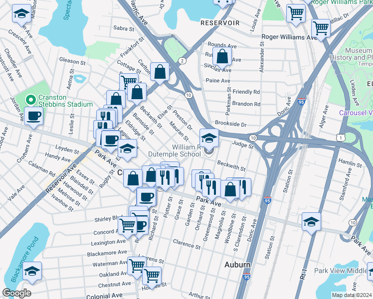 map of restaurants, bars, coffee shops, grocery stores, and more near 247 Pontiac Avenue in Cranston