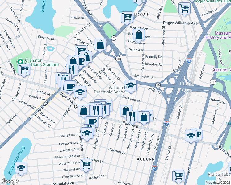 map of restaurants, bars, coffee shops, grocery stores, and more near 247 Pontiac Avenue in Cranston