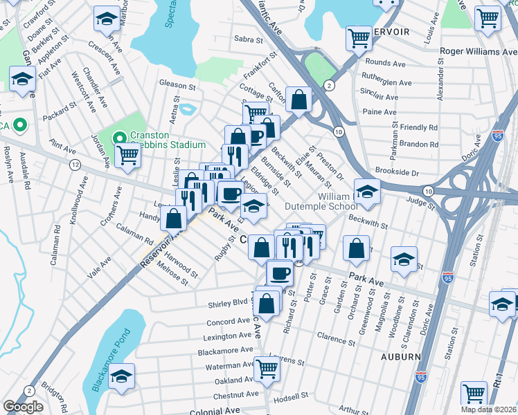 map of restaurants, bars, coffee shops, grocery stores, and more near 196 Elsie Street in Cranston