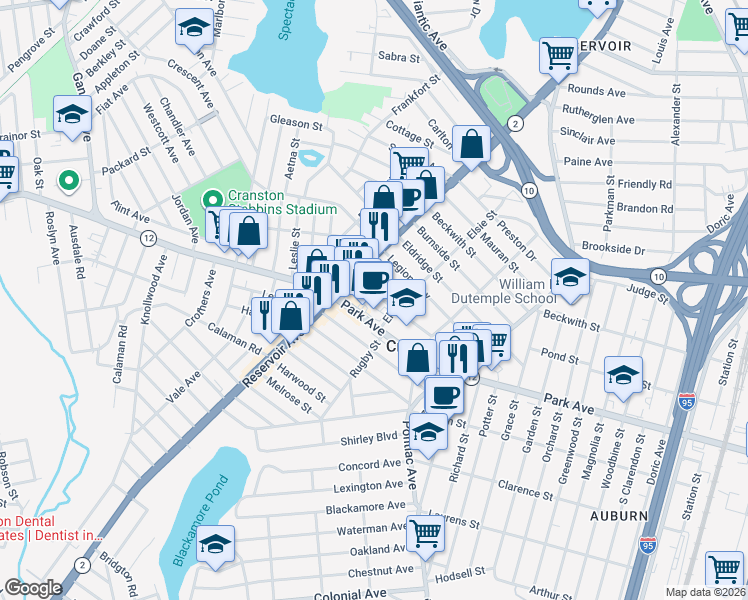 map of restaurants, bars, coffee shops, grocery stores, and more near 88 High School Avenue in Cranston