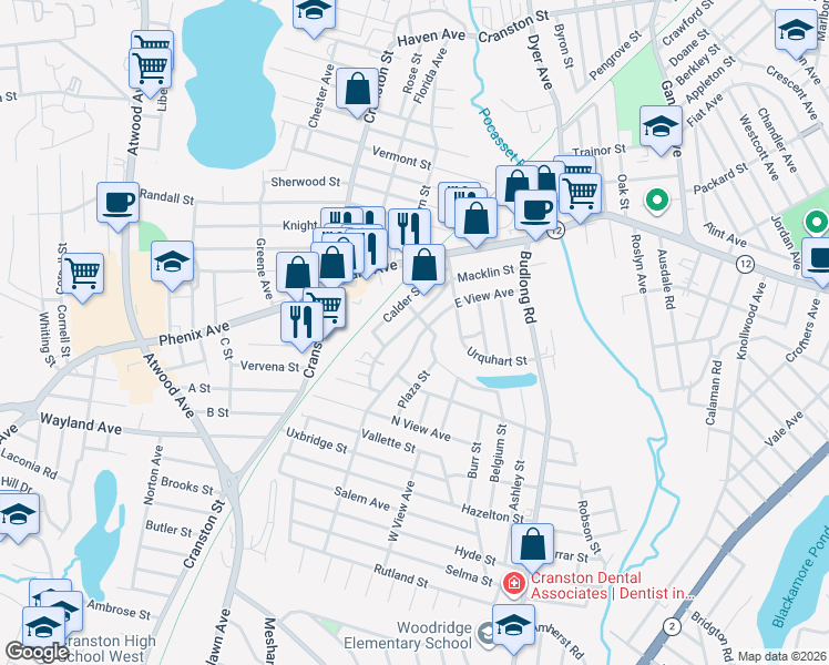 map of restaurants, bars, coffee shops, grocery stores, and more near 124 East View Avenue in Cranston