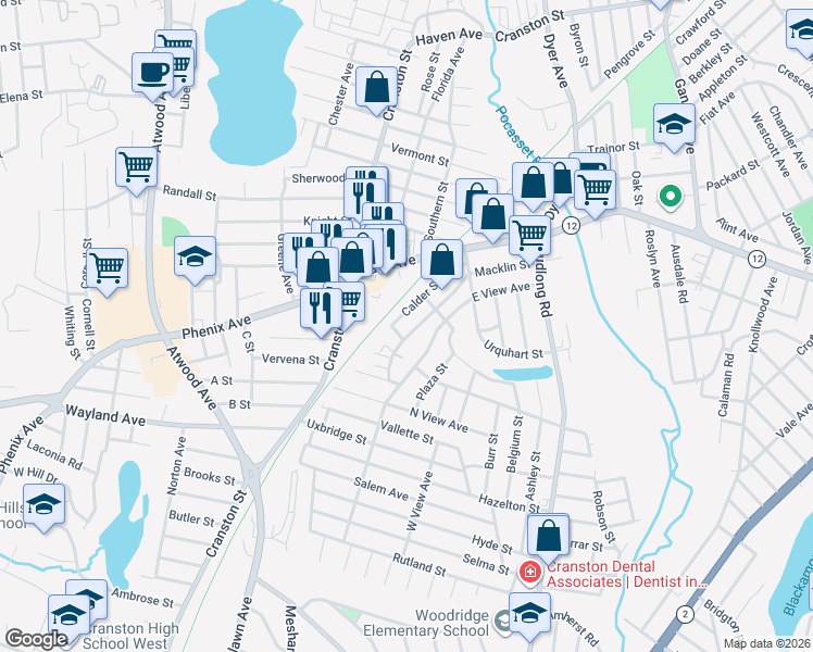 map of restaurants, bars, coffee shops, grocery stores, and more near in Cranston