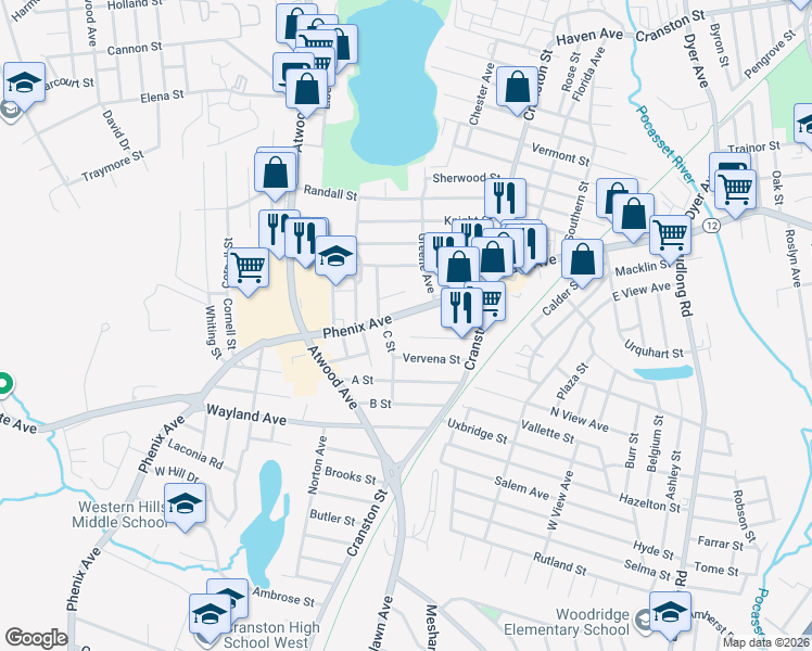 map of restaurants, bars, coffee shops, grocery stores, and more near 11 C Street in Cranston