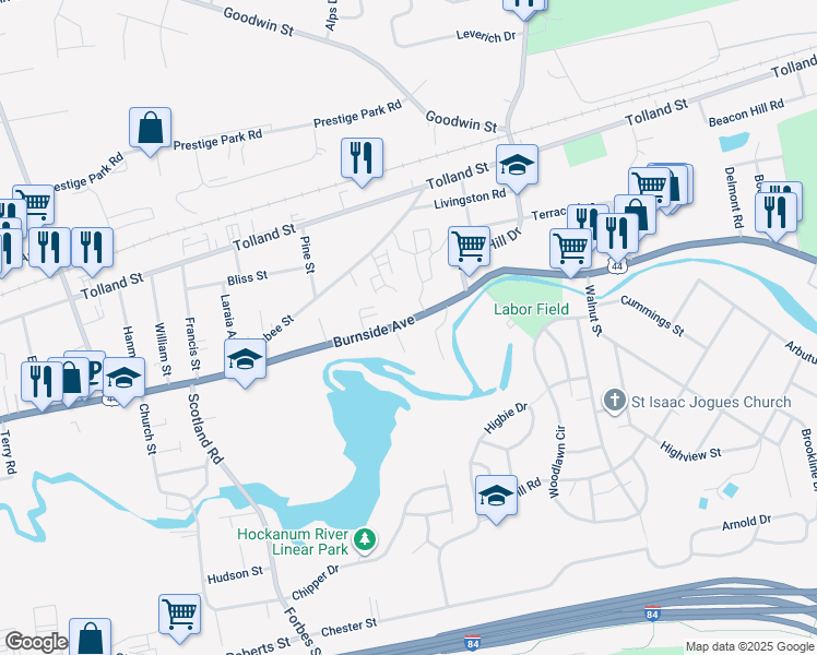 map of restaurants, bars, coffee shops, grocery stores, and more near 935 Burnside Avenue in East Hartford