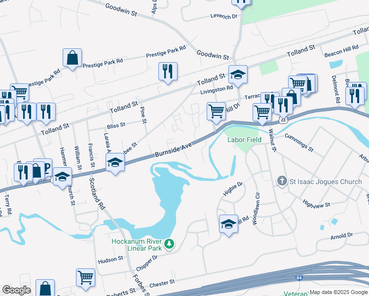 map of restaurants, bars, coffee shops, grocery stores, and more near 885 Burnside Avenue in East Hartford