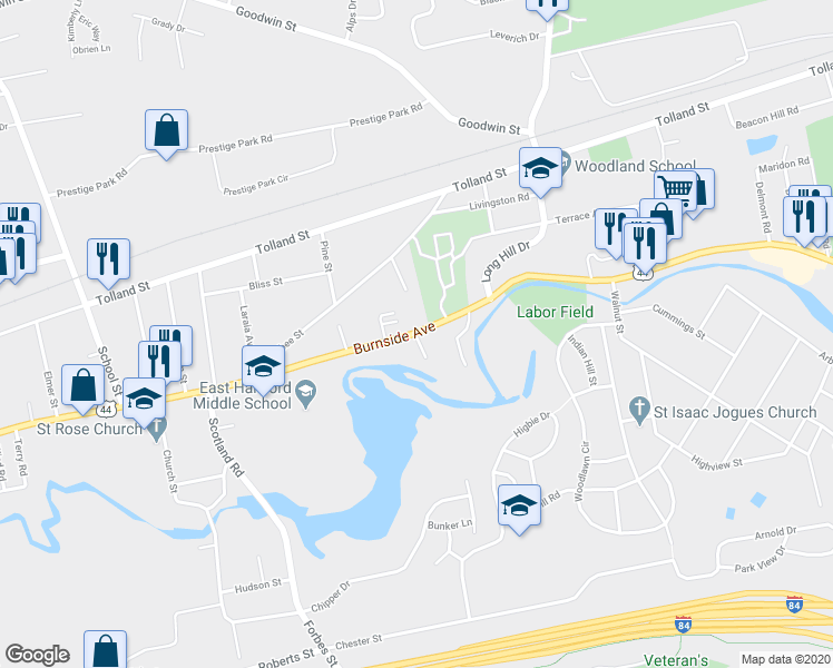 map of restaurants, bars, coffee shops, grocery stores, and more near 885 Burnside Avenue in East Hartford