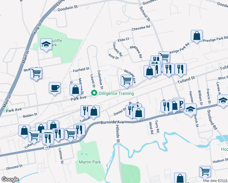map of restaurants, bars, coffee shops, grocery stores, and more near 349 Park Avenue in East Hartford