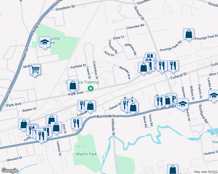 map of restaurants, bars, coffee shops, grocery stores, and more near 349 Park Avenue in East Hartford