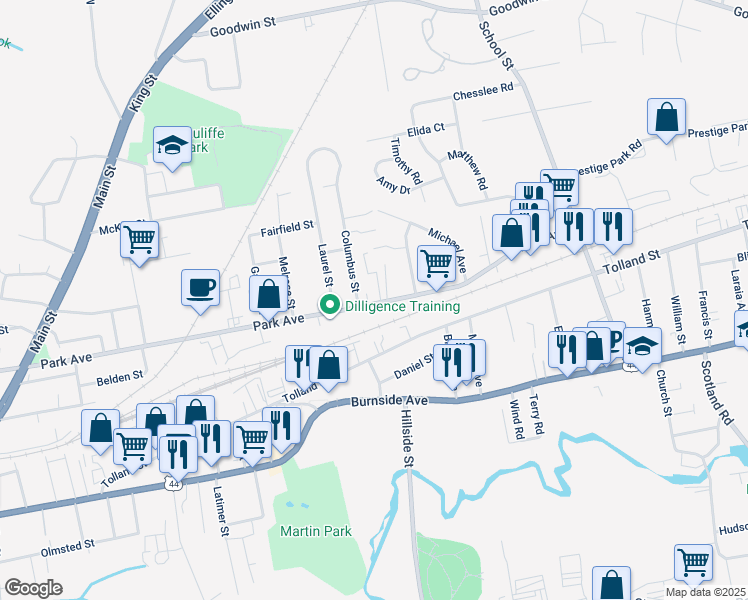 map of restaurants, bars, coffee shops, grocery stores, and more near 349 Park Avenue in East Hartford