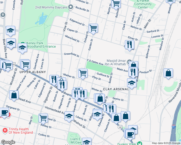 map of restaurants, bars, coffee shops, grocery stores, and more near 175 Brook Street in Hartford